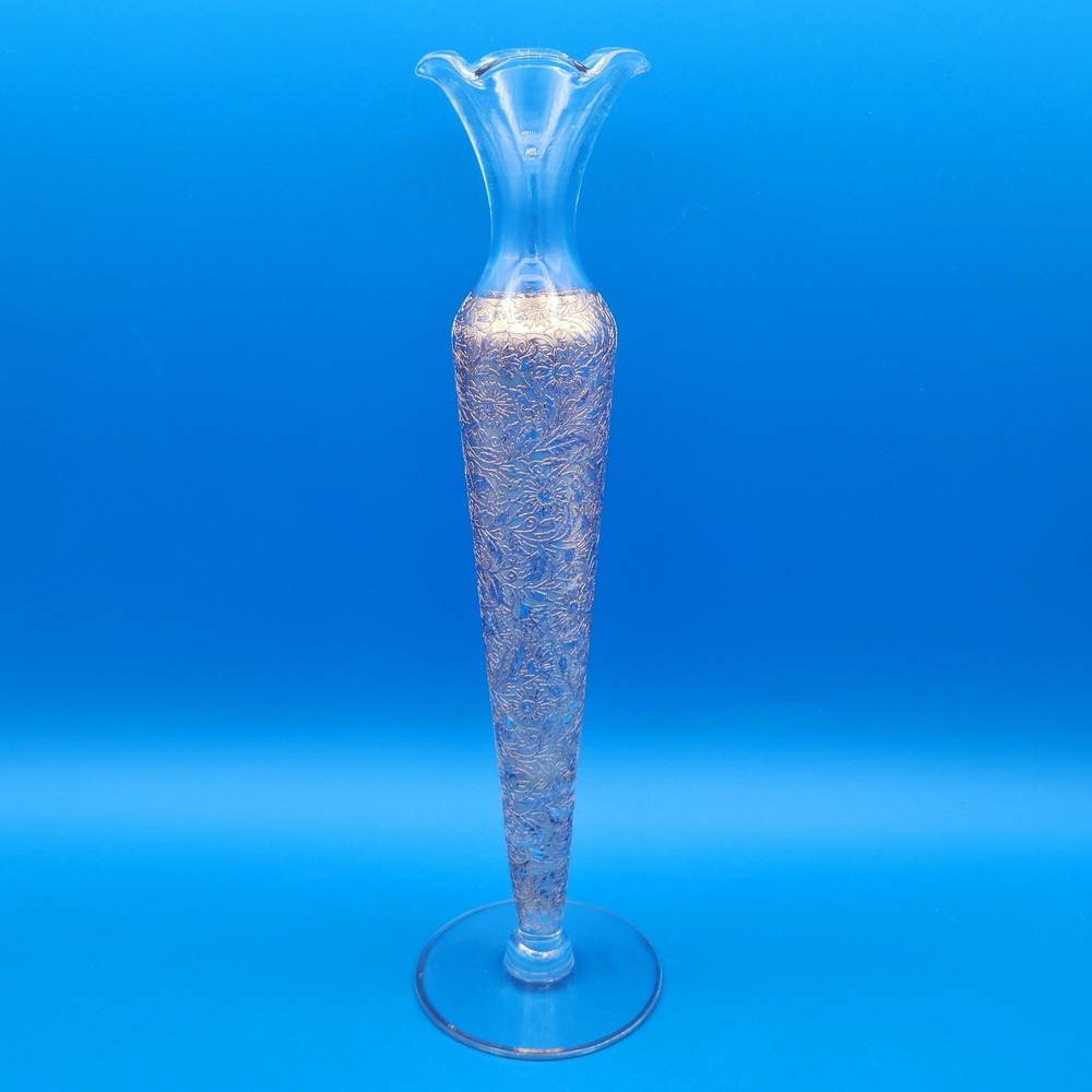 Vintage Glastonbury (?) Lotus Ruffle Top Glass Bud Vase with Gold Overlay